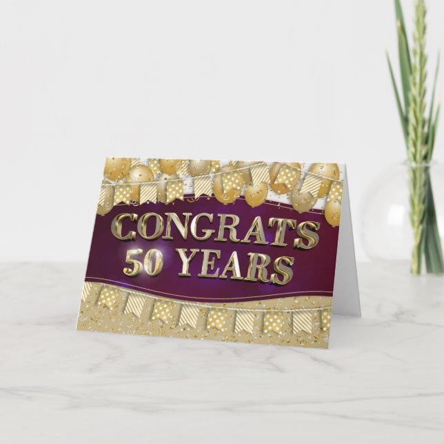 Employee 50th Anniversary Gold Text and Balloons Card (Front)