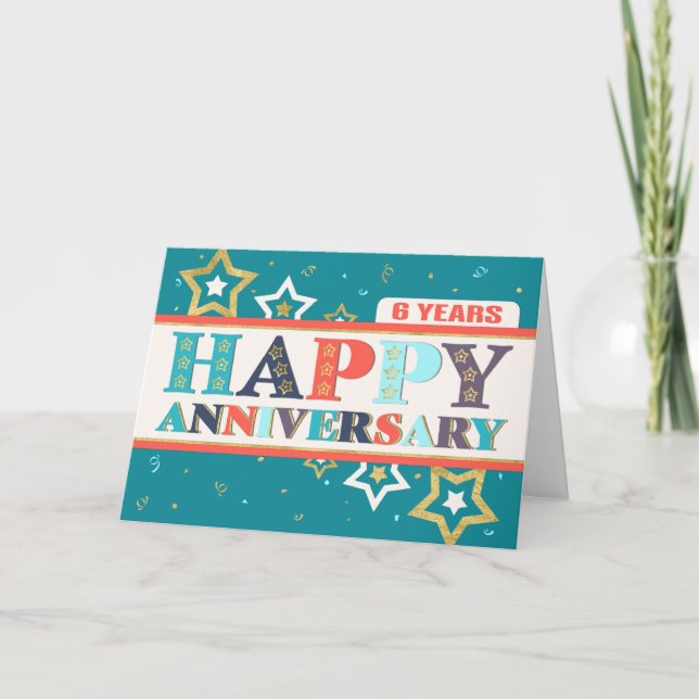 Employee 6th Anniversary Bold Colours and Stars Card (Front)