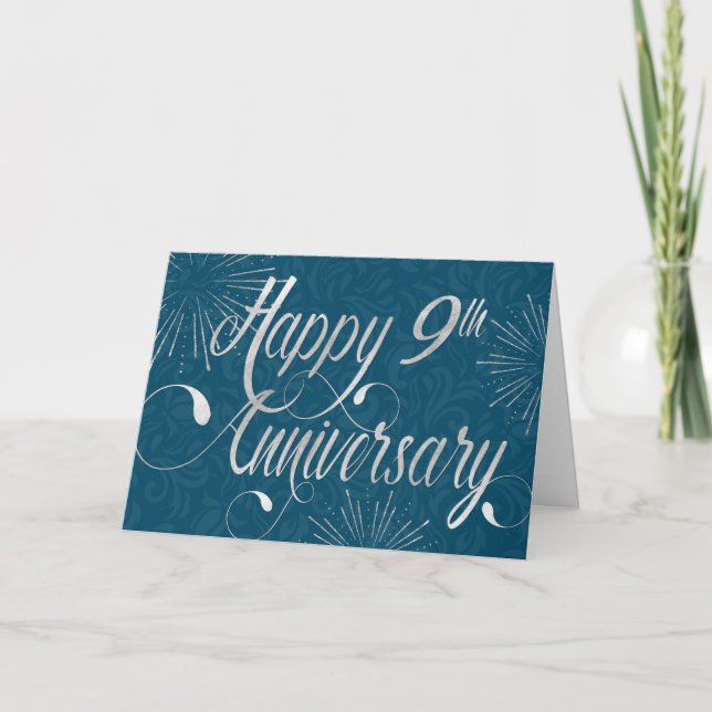 Employee 9th Anniversary - Swirly Text - Blue Card (Front)
