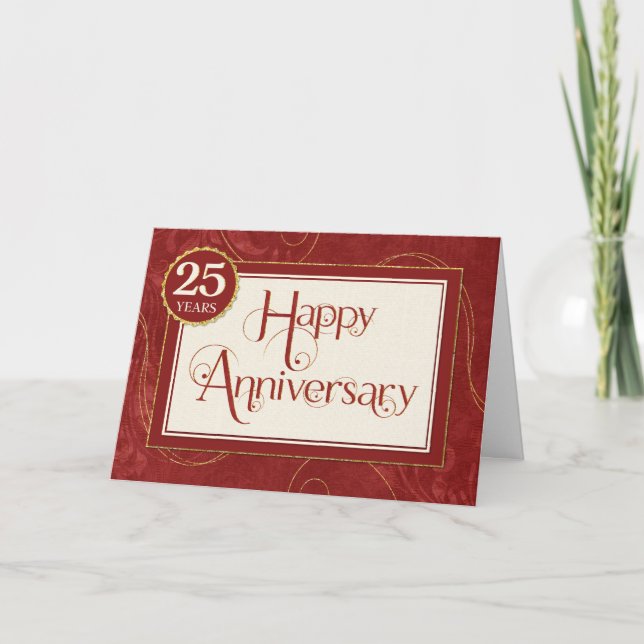 Employee Anniversary 25 Years - Text Swirls Damask Card (Front)