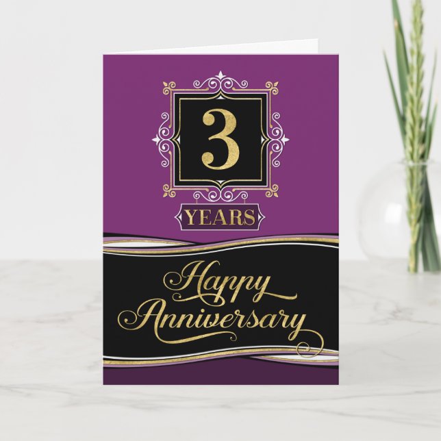 Employee Anniversary 3 Year Decorative Formal Plum Card (Front)