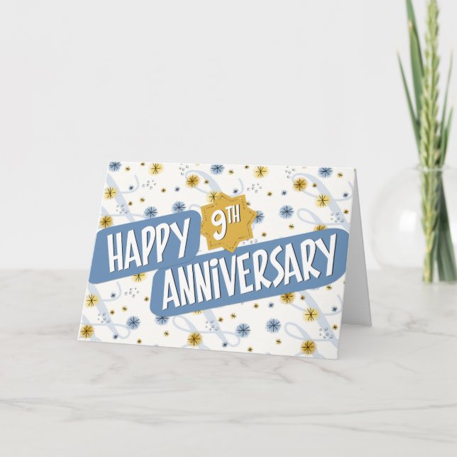 Employee Anniversary 9 Years Blue White Pattern Card (Front)