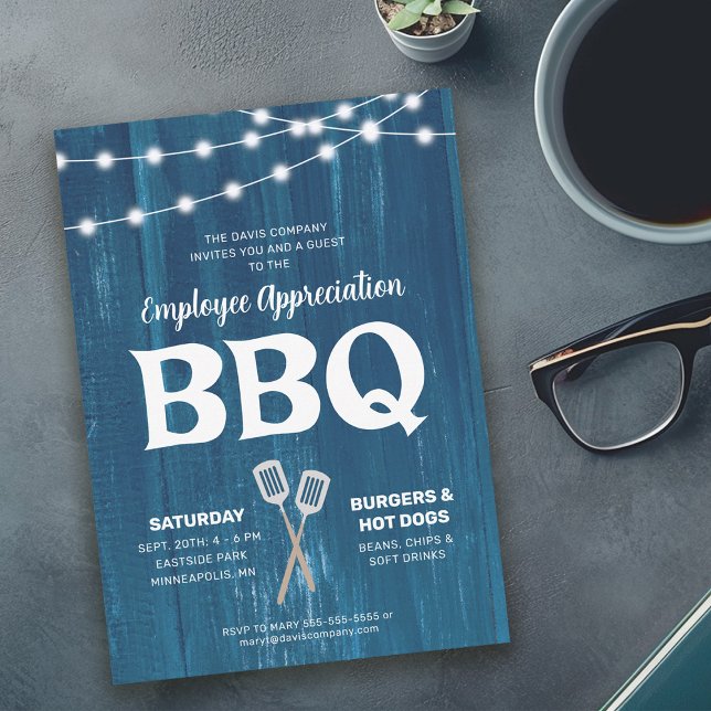 Employee Appreciation BBQ Rustic Blue Invitation (Creator Uploaded)