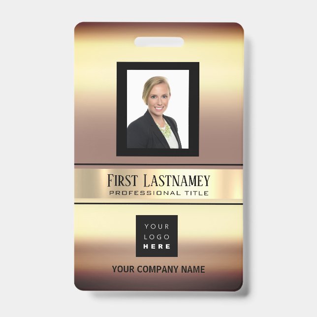 Employee Barcode Logo Name Scan Gold Vertical ID Badge (Front)
