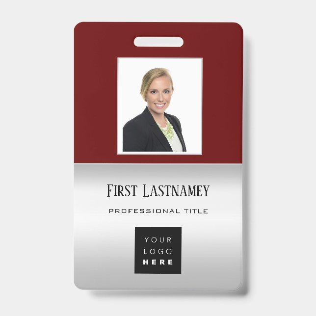 Employee Barcode Logo Name Scanner Grey Burgundy ID Badge (Front)