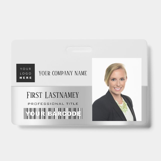 Employee Barcode Logo Name Scanner Grey Silver ID Badge (Front)
