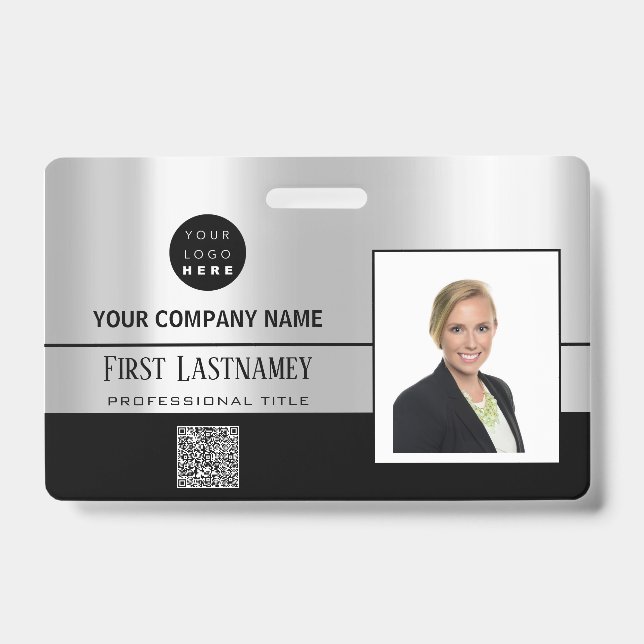 Employee Barcode Logo Name Scanner Stripe Grey ID Badge (Front)