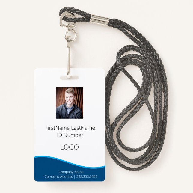 Employee Blue Professional ID Badge with Barcode (Front with Lanyard)