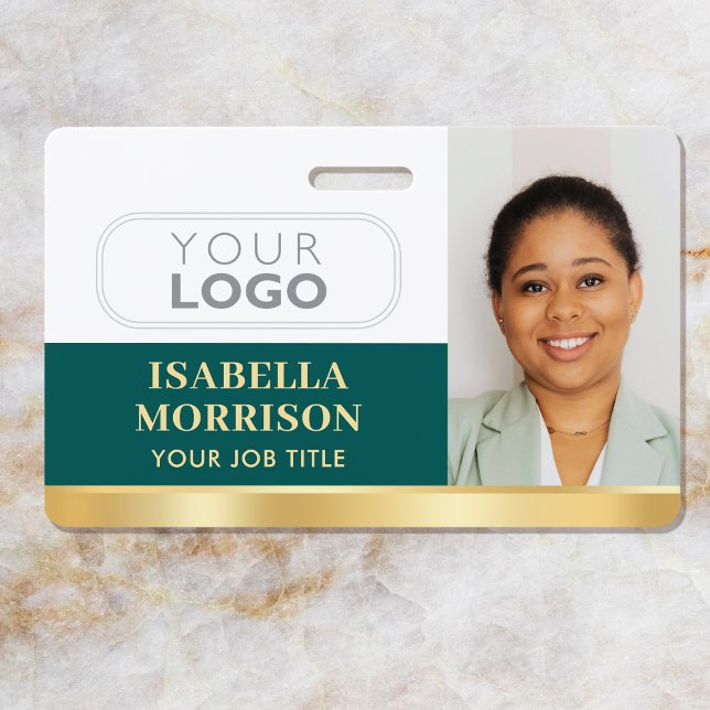 Employee Business Custom ID Logo QR Green Gold ID Badge (Creator Uploaded)