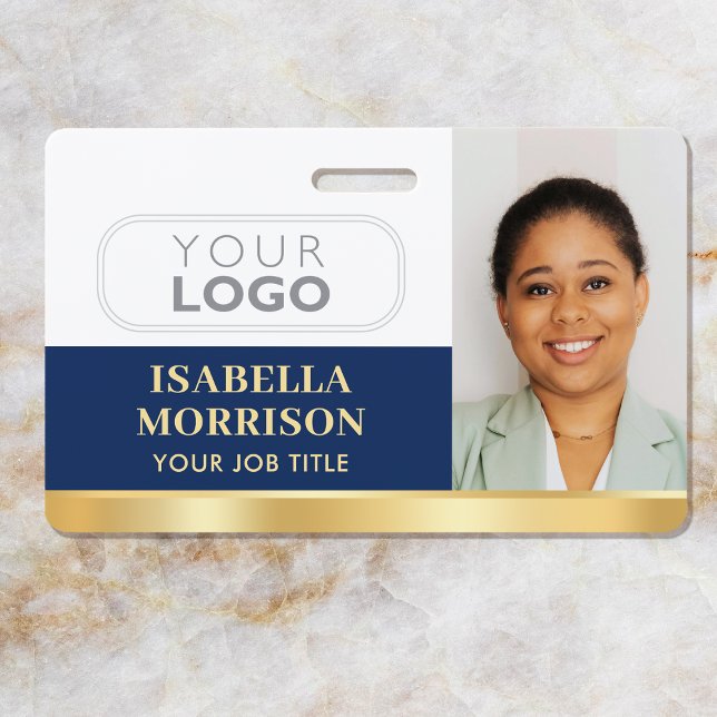 Employee Business Custom ID Logo QR Navy Gold ID Badge (Creator Uploaded)