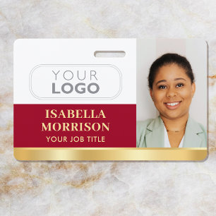 Employee Business Custom ID Logo QR Red Gold Badge
