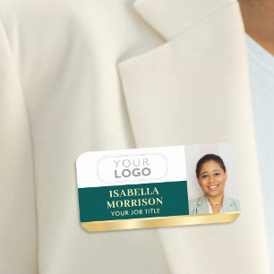 Employee Business Logo ID Photo Green Gold  Name Tag