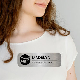 Employee Business Logo Metallic Silver Magnetic  Name Tag