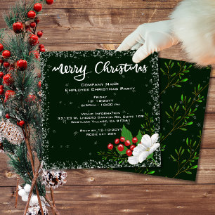 Employee Christmas Dark Green Red Berries Snow Invitation