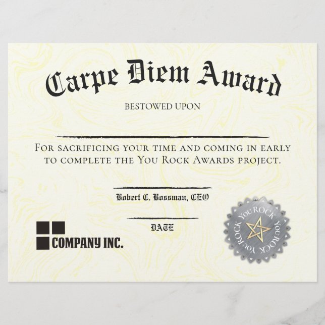 Employee COMING IN EARLY funny certificate award (Front)