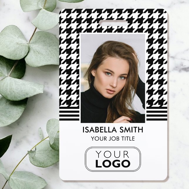Employee ID Company Logo QR Houndstooth White ID Badge (Creator Uploaded)