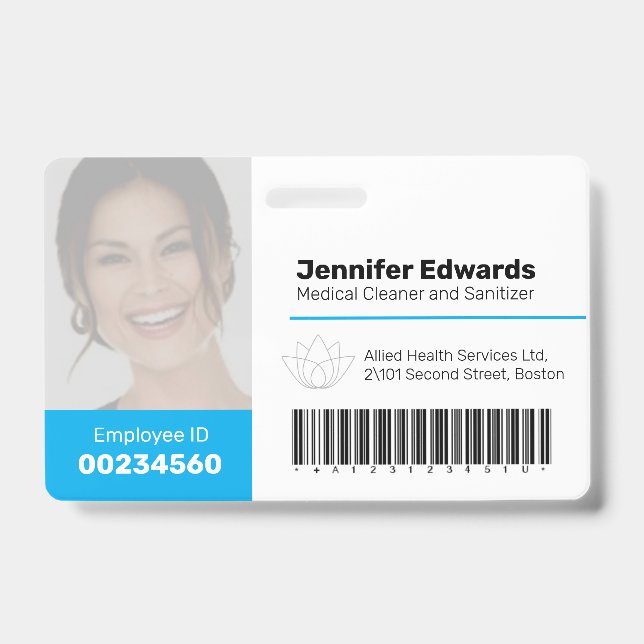 Employee large photo ID and barcode blue Badge (Front)