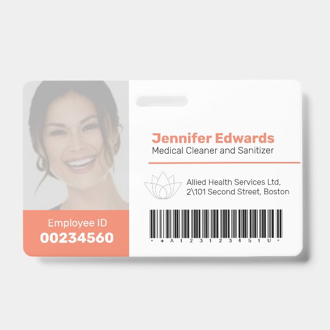 Employee large photo ID and barcode orange Badge (Front)