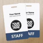 Employee Logo Staff Tag Front and Back The Same ID Badge<br><div class="desc">Easily personalise this Custom Administrative professional Name Badge without photo and large business logo. A simple business design the front and back printed the Same in navy blue and white colours fully customisable in front and back sizes, sans-serif basic and modern fonts and a professional and clear look, perfect for...</div>