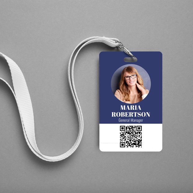 Employee Name Badge Minimalist Photo QR Code Blue ID Badge (Simple business ID badge with a scannable QR code. )
