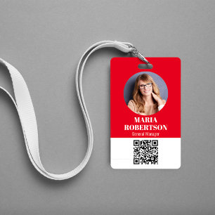 Employee Name Badge Minimalist Photo QR Code Red ID Badge