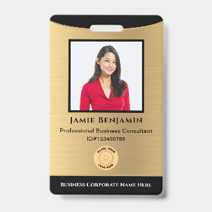 Employee Name Photo Bar Code Logo Gold Black ID Badge