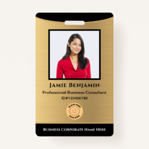 Employee Name Photo Bar Code Logo Gold Black ID Badge