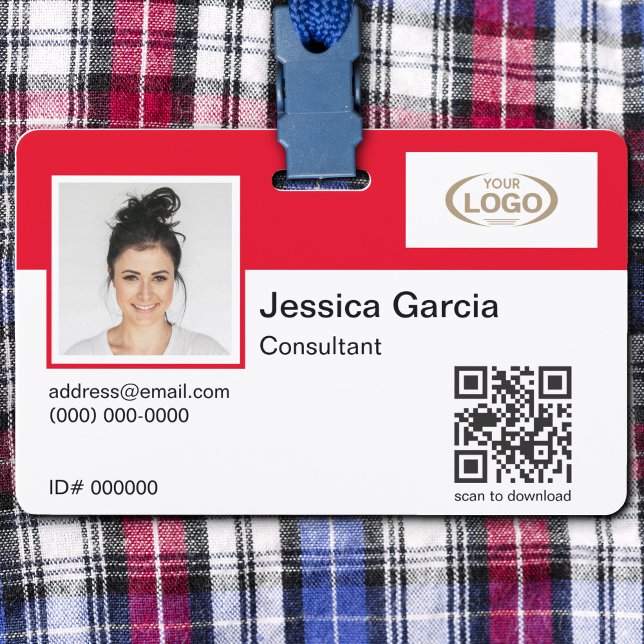 Employee Name Photo Company Logo QR Code Red ID Badge (Creator Uploaded)