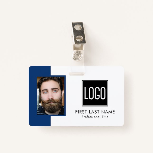 Employee Office ID | Blue Logo Photo ID Badge (Front with Clip)