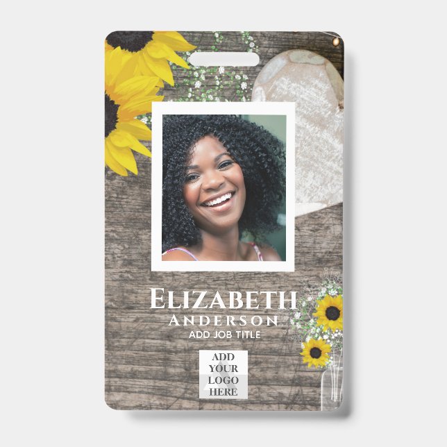 EMPLOYEE PHOTO BADGE QR Code Barcode Sunflowers ID Badge (Front)