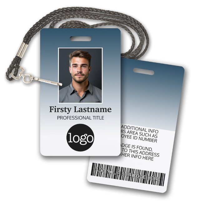 Employee - Photo, Bar Code, Logo, Name Gradient ID Badge (Employee Badge with Gradient Background. Add a photo and logo to this name tag with blue accents.)