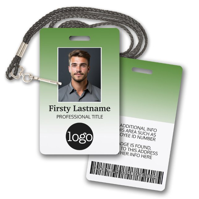Employee - Photo, Bar Code, Logo, Name Gradient ID Badge (Employee Badge with Gradient Background. Add a photo and logo to this name tag with green accents.)