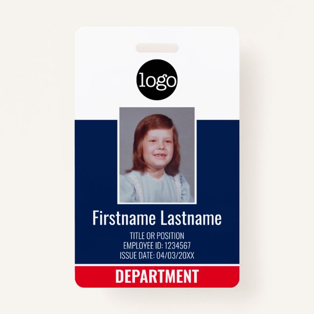 Employee Photo, Bar QR Code, Logo, Title NAME ID ID Badge (Front)