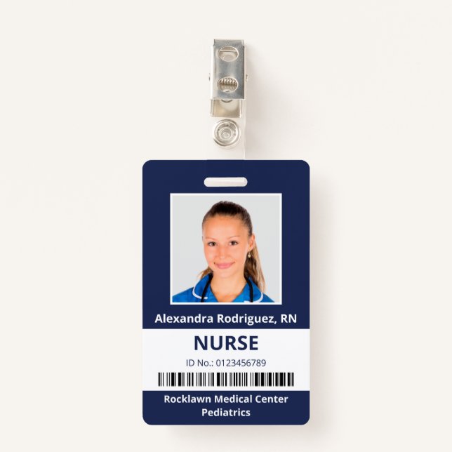 Employee Photo Barcode Navy Blue White Medical ID ID Badge (Front with Clip)