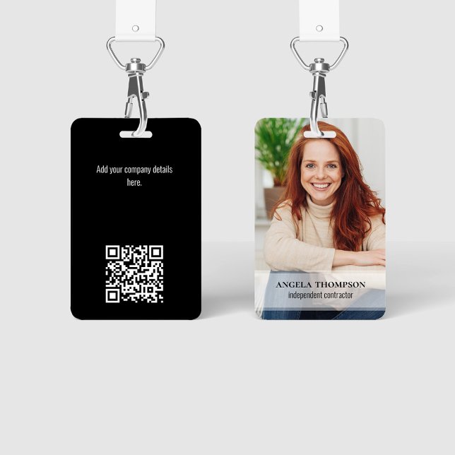 Employee Photo Black Name and Title QR Code ID Badge (Simple photo badges with a full bleed photo template.)