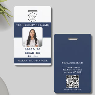 Employee Photo Business Logo QR Code Blue White  ID Badge