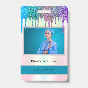 Employee Photo Holographic Glitter Drips ID Badge