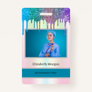 Employee Photo Holographic Glitter Drips ID Badge
