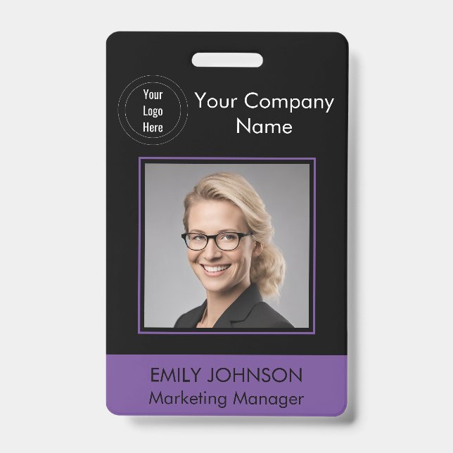 Employee Photo ID Badge | Black & Purple | QR Code (Front)