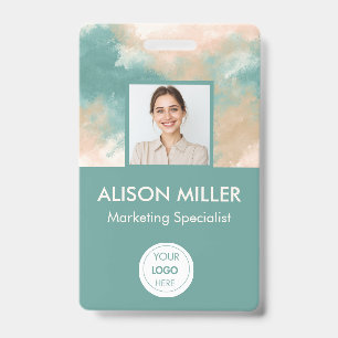 Employee Photo ID Badge — Elegant Teal Watercolor 