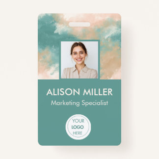 Employee Photo ID Badge — Elegant Teal Watercolor 