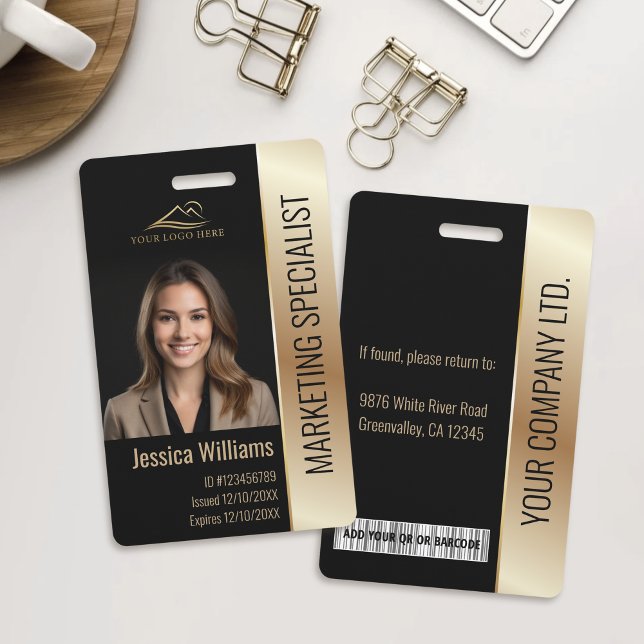 Employee Photo ID Barcode Logo Black & Gold ID Badge (Creator Uploaded)