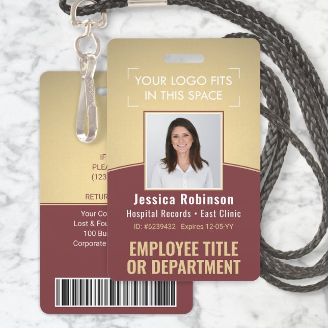 Employee Photo ID Barcode Logo Burgundy Gold Curve ID Badge (Creator Uploaded)