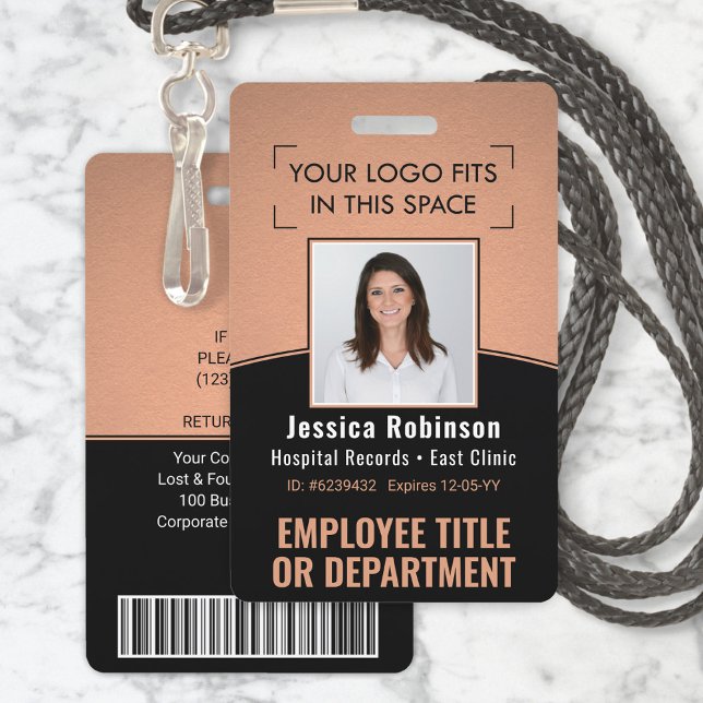 Employee Photo ID Barcode Logo Copper Black Curve ID Badge (Creator Uploaded)