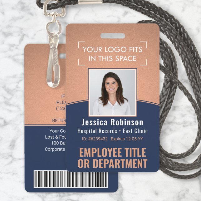 Employee Photo ID Barcode Logo Copper Navy Curve ID Badge (Creator Uploaded)