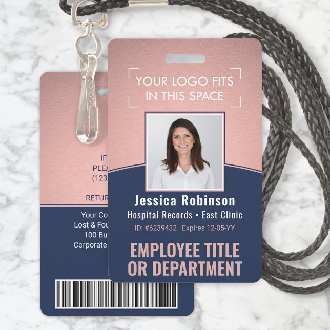 Employee Photo ID Barcode Logo Navy & Pink Curve ID Badge (Creator Uploaded)