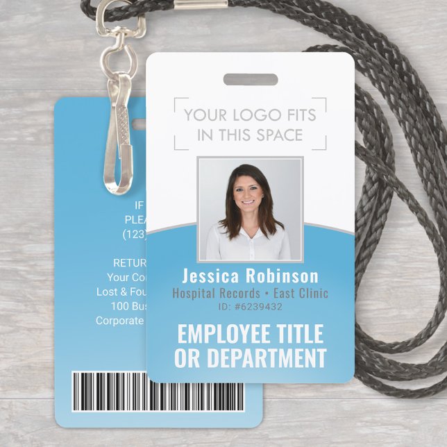 Employee Photo ID Barcode Your Logo Blue Curve Badge (Creator Uploaded)