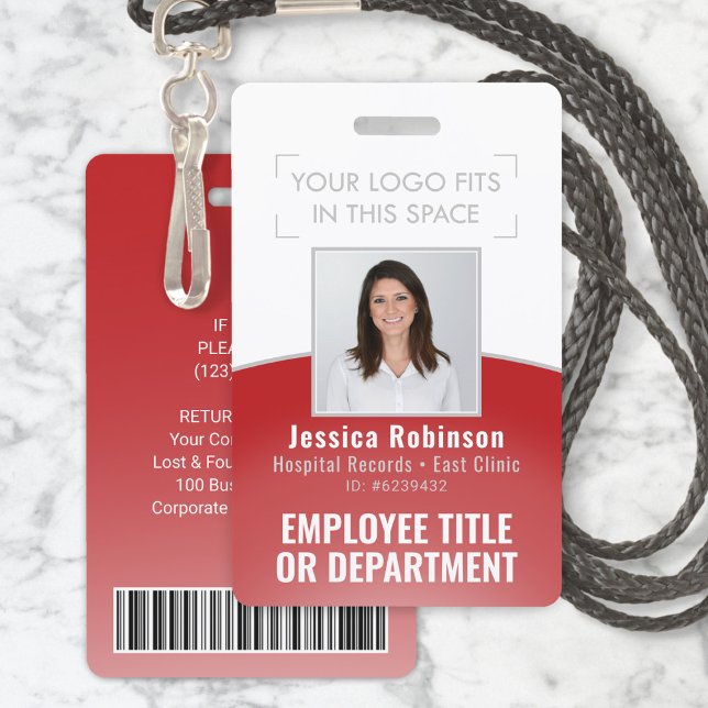 Employee Photo ID Barcode Your Logo Red Curve ID Badge (Creator Uploaded)