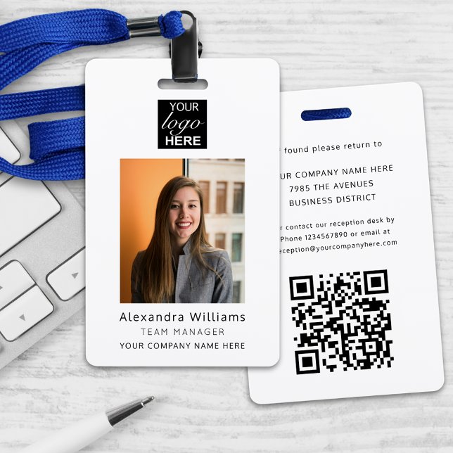 Employee photo ID Company Logo QR Code Security ID Badge (Personalized employee photo ID company your logo here and qr code security badge lanyard)