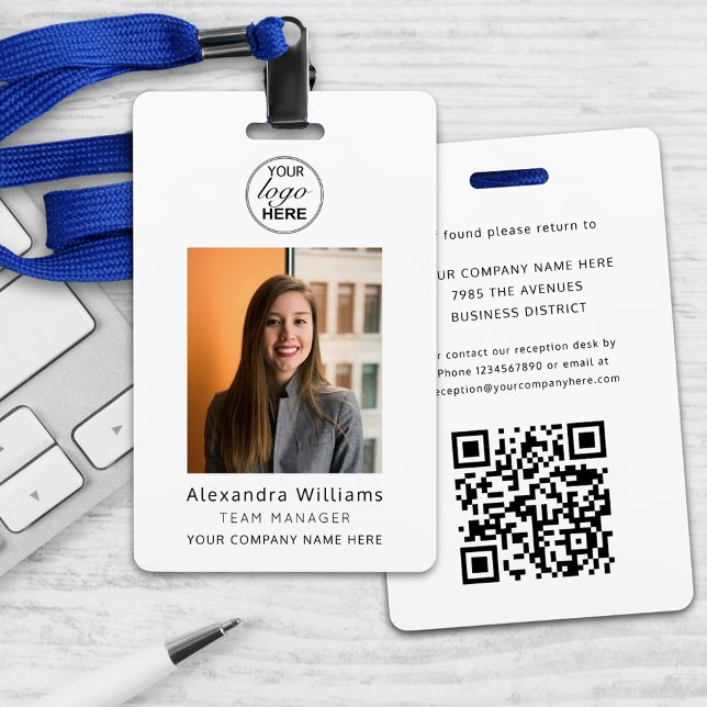 Employee photo ID Company Logo QR Code Security ID Badge (Personalized employee photo ID company your logo here & qr code security badge lanyard Black & white)
